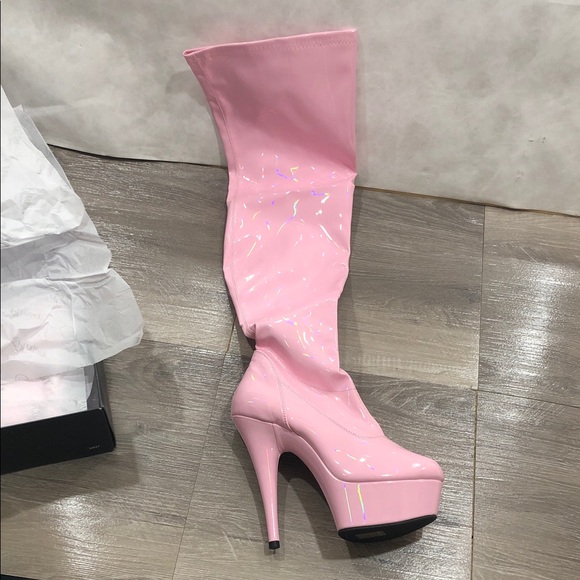 Pleaser Pink Hologram Delight 3000 Thigh OTK Glossy Heeled Boots NEW - Picture 1 of 10
